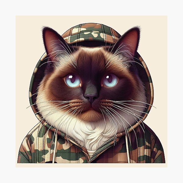 Item preview, Urban Cats #62 - Chocolate Birman Cat wearing an urban camo windbreaker designed and sold by elektronen.