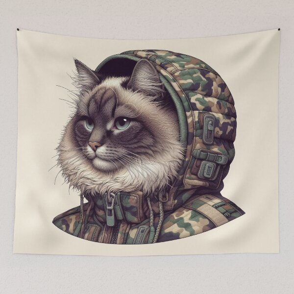 Item preview, Urban Cats #64 - Chocolate Birman Cat wearing an urban camo windbreaker designed and sold by elektronen.