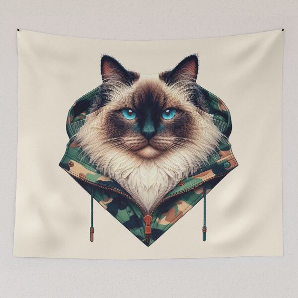 Item preview, Urban Cats #65 - Seal Point Birman Cat wearing an urban camo windbreaker designed and sold by elektronen.