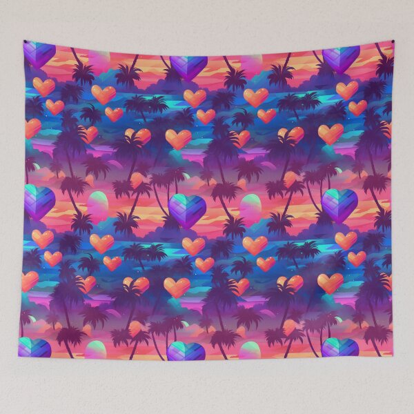 Item preview, Synthwave Hearts, Palm Trees and Sunset Pattern designed and sold by AgathaZolastore.