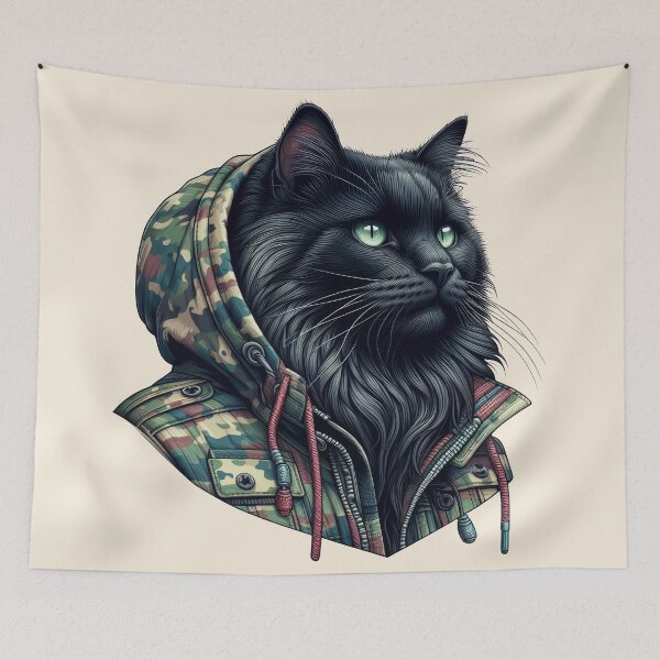Item preview, Urban Cats #69 - Black Birman Cat wearing an urban camo windbreaker designed and sold by elektronen.