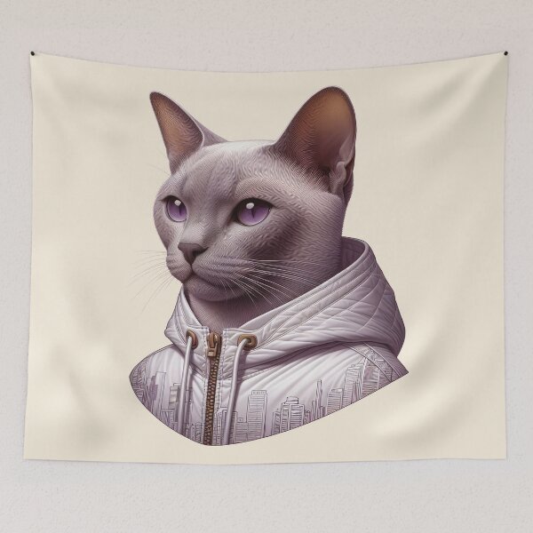 Item preview, Urban Cats #74 - Lilac Burmese Cat wearing an urban white windbreaker designed and sold by elektronen.