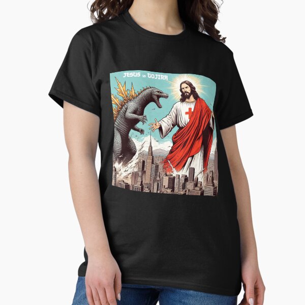 Vista previa del artículo con la obra «Jesús vs Godzilla Manga Impresión», diseñado y vendido por Thehatinthecat.