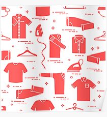 Pattern with irons, hangers and different clothes. Poster