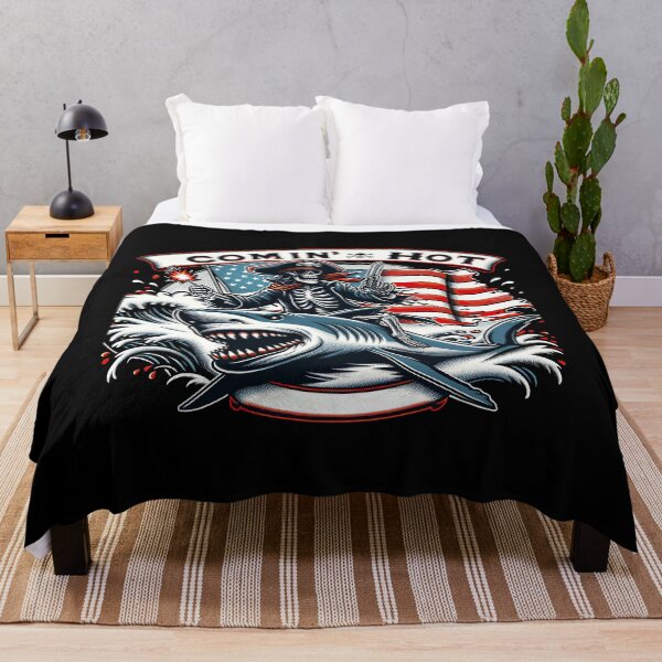 Item preview, Patriotic Pirate's Frenzy: Flag-Waving Skeleton on Shark Comin' In Hot tshirt designed and sold by MAPDDesigns.