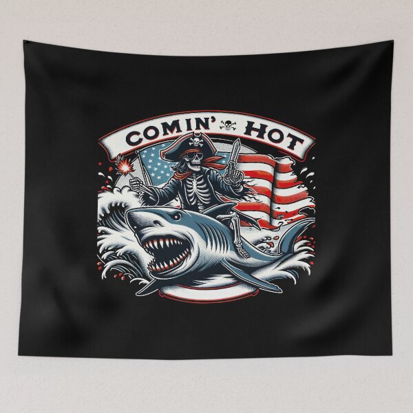 Item preview, Patriotic Pirate's Frenzy: Flag-Waving Skeleton on Shark Comin' In Hot tshirt designed and sold by MAPDDesigns.