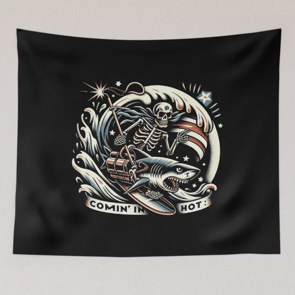 Item preview, Patriotic Pirate's Frenzy: Flag-Waving Skeleton on Shark Comin' In Hot tshirt designed and sold by MAPDDesigns.