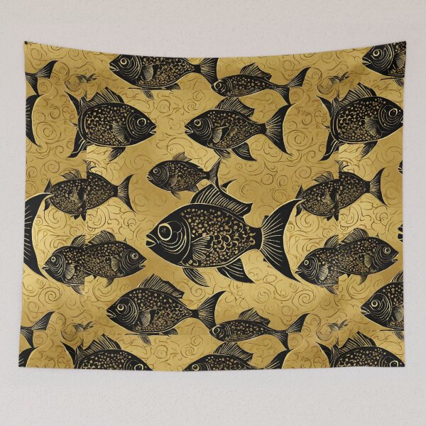 Item preview, Crazy black fish on a gold background designed and sold by Vilemo.