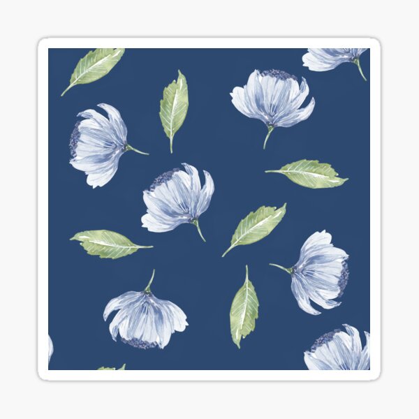 China Blue Watercolour Flowers and Leaves in Dark Blue Sticker