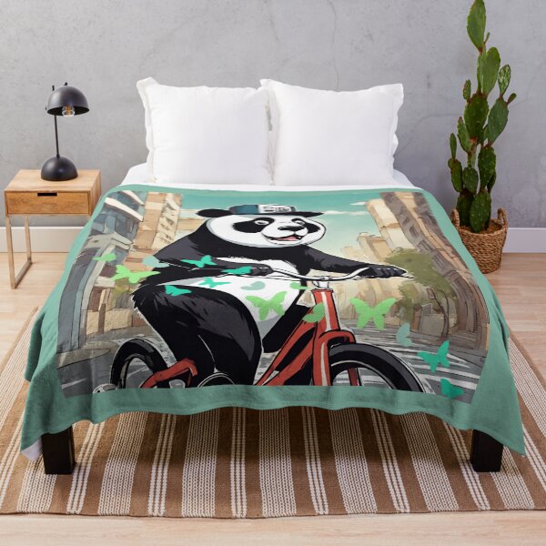 Item preview, panda in a hat riding a bike with butterflies in the city designed and sold by Vilemo.