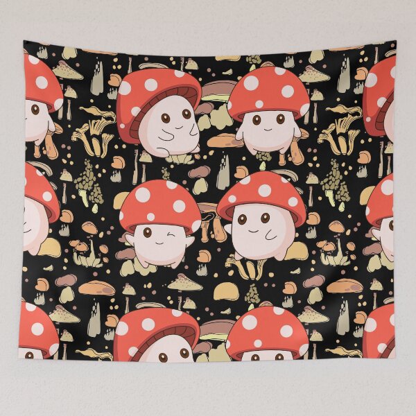 Item preview, sweet toadstools against the background of other mushrooms designed and sold by Vilemo.