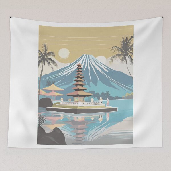Item preview, Vintage Minimal Retro Travel Poster from Bali - Exotic island idyll with pagoda and volcano designed and sold by pod24.