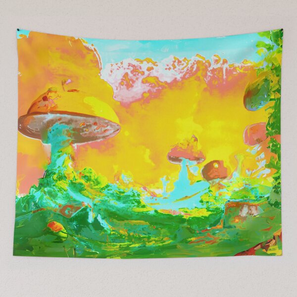 Item preview, Fantasy mushrooms view with clouds in bright spring designed and sold by MerryCrown.