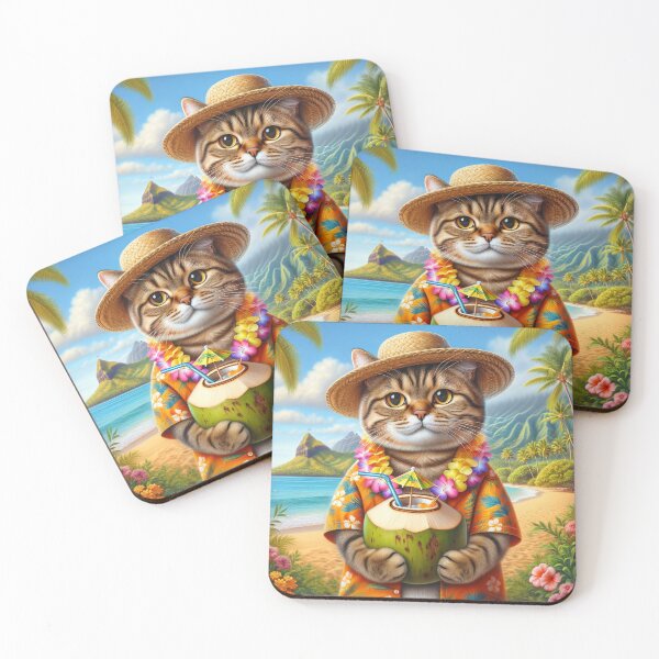 Item preview, Tropical Bliss: Hawaiian Cat with Coconut Cocktail designed and sold by catontheroof.