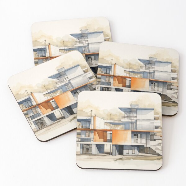Item preview, Mid-century style building watercolor architectural drawing designed and sold by PigmentPulse.