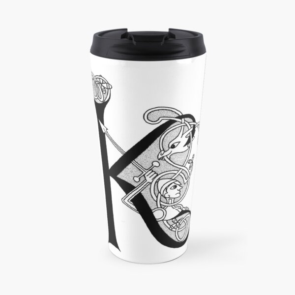 Knight and Dragon Alphabet - K - black and white Travel Mug