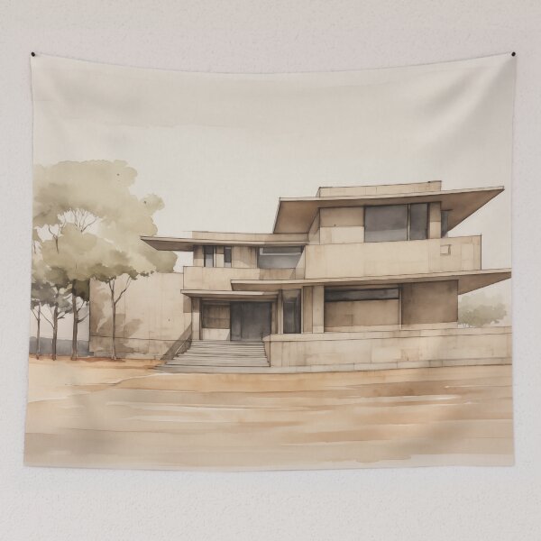 Item preview, Mid-century Style Building Watercolor designed and sold by PigmentPulse.