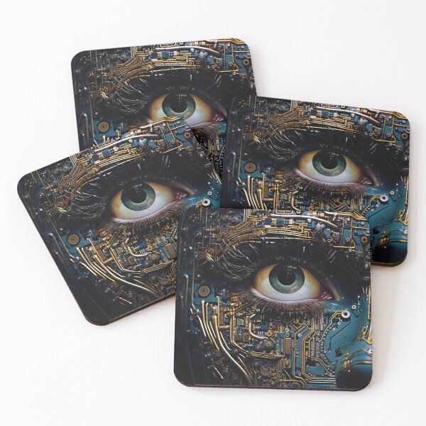 Item preview, A visage resembling a motherboard, featuring a striking eye. designed and sold by AIArtMaven.