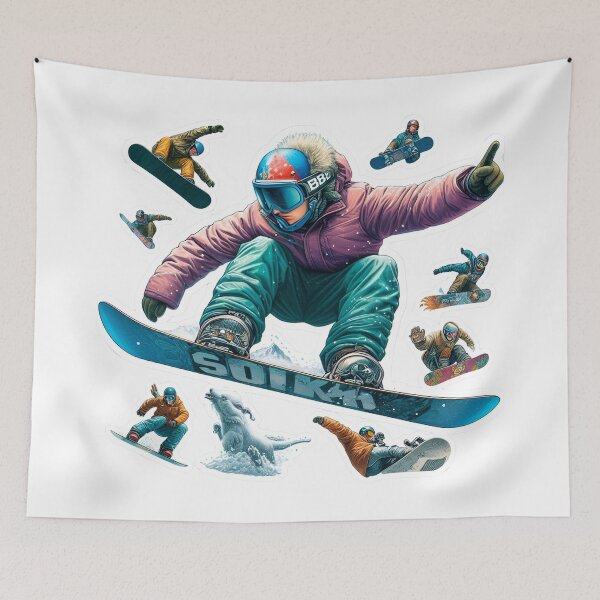 Item preview, Frosty Freestyle Delight: Snowboarders, Frontside 360 Acrobatics in White, Red, Yellow, Black, Blue, and Orange Landscape designed and sold by SplashTastic.