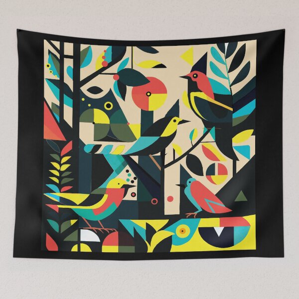 Item preview, abstraction. Minimalist art. Geometry. forest. Bright multi-colored leaves. Fruit. Bright birds. In the style of Kandinsky. designed and sold by MagelliShop.