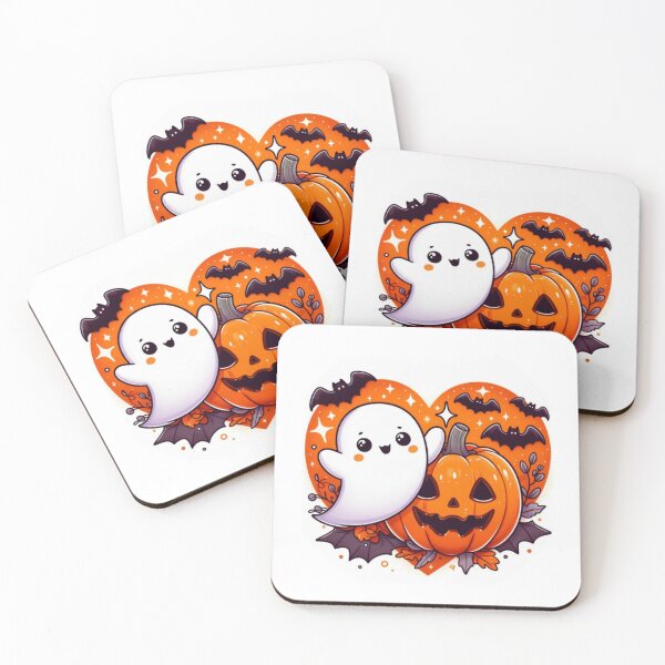 Item preview, Cute ghost with a pumpkin, bats, halloween scene designed and sold by fangtasticprint.