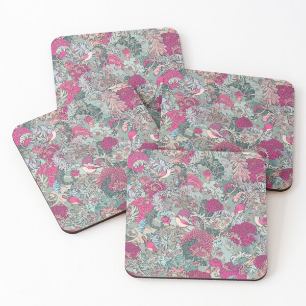 Item preview, pink psyche pop william morris style arts and crafts freehand vintage whimsical songbird floral NOT AI designed and sold by Ruth Cadioli.
