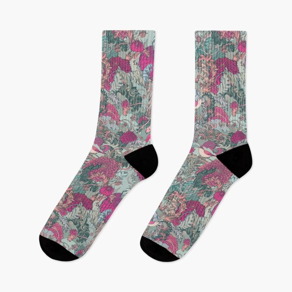 Item preview, pink psyche pop william morris style arts and crafts freehand vintage whimsical songbird floral NOT AI designed and sold by Ruth Cadioli.