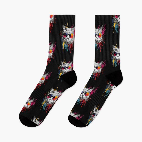 Item preview, A glasses-wearing 80's style cat illustration with splashes of vibrant colors. designed and sold by drawlinershop.