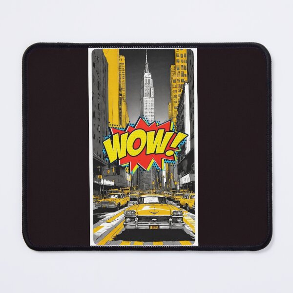 Item preview, Wow! pop bubble of astonishment, on a colorful background of a central New York street, taxis and skyscrapers designed and sold by Creativesphotos.