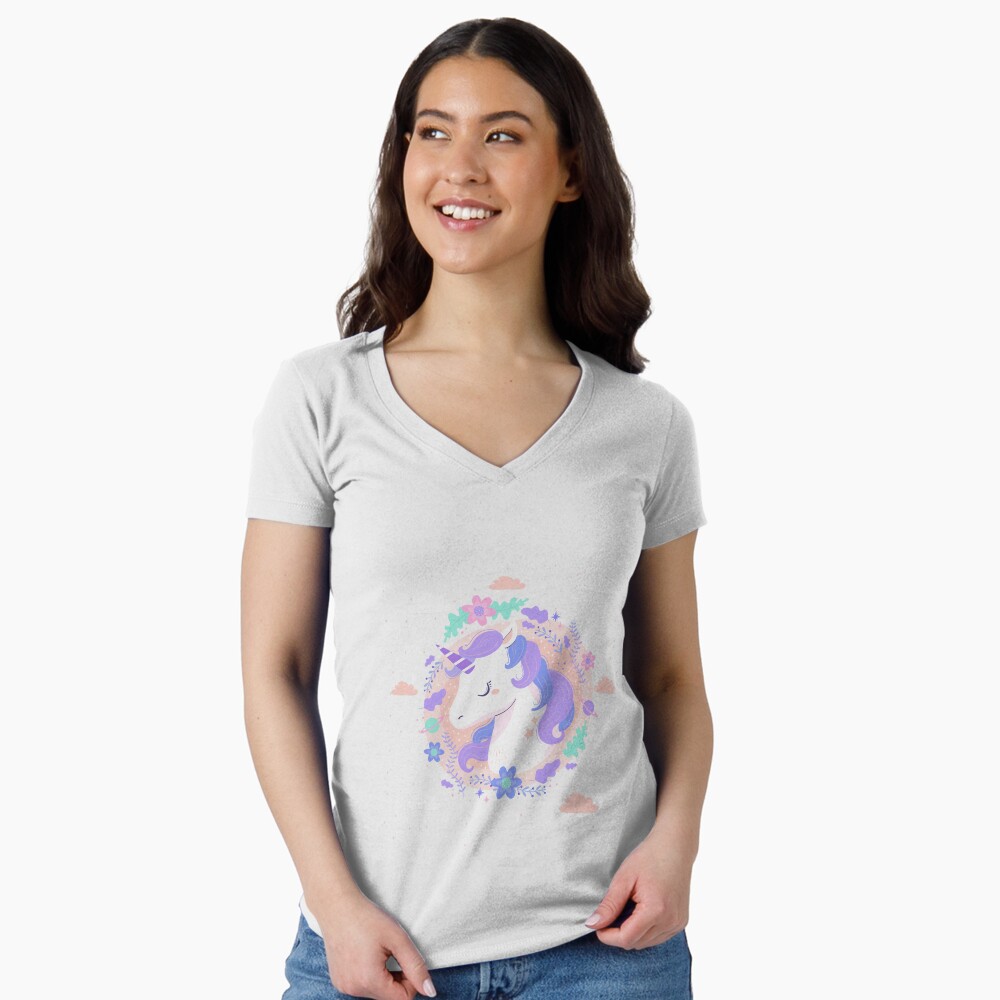 Peaceful Unicorn Fitted V-Neck T-Shirt - unicorn fantasy design by HackerLooks