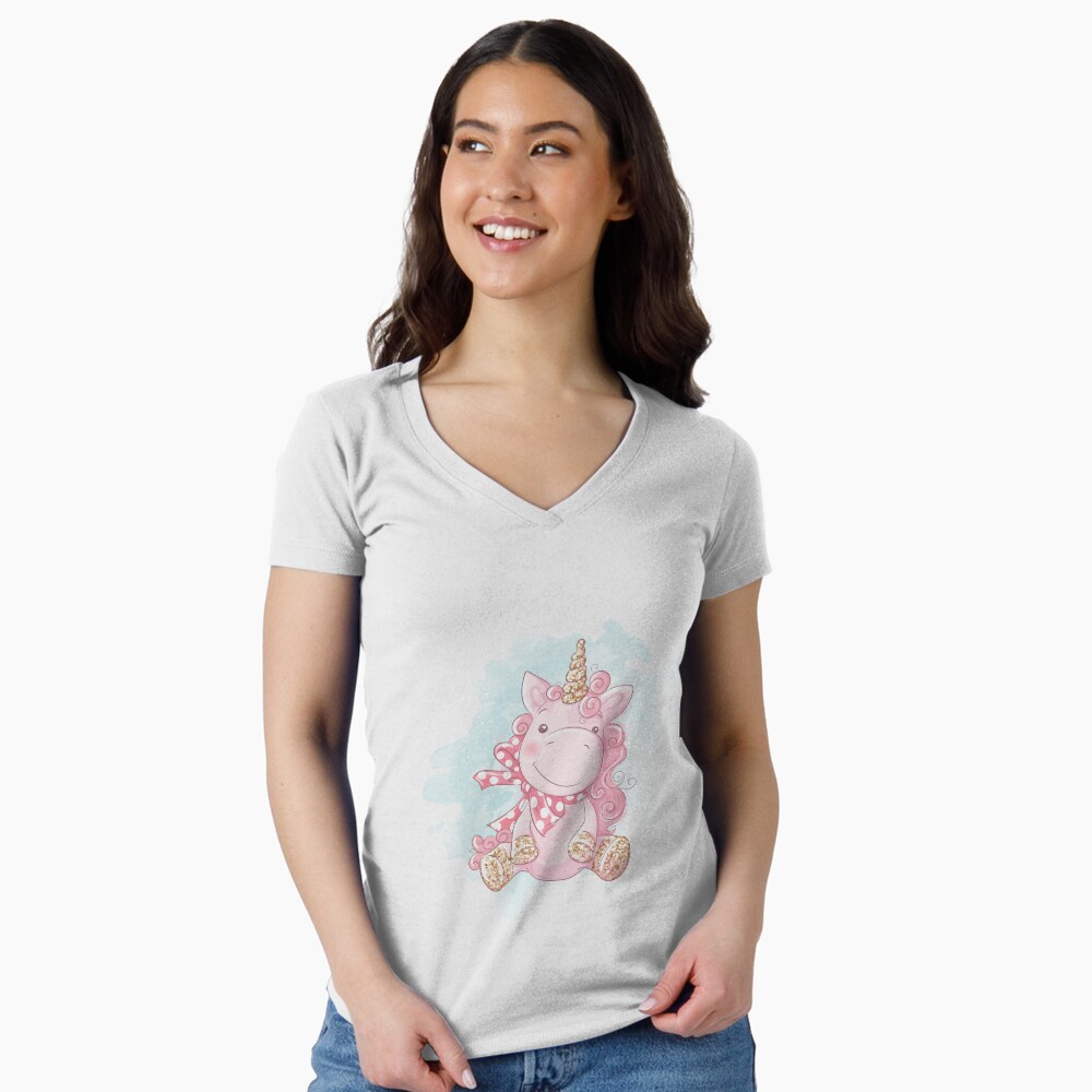 Cute Unicorn Fitted V-Neck T-Shirt - unicorn fantasy design by HackerLooks