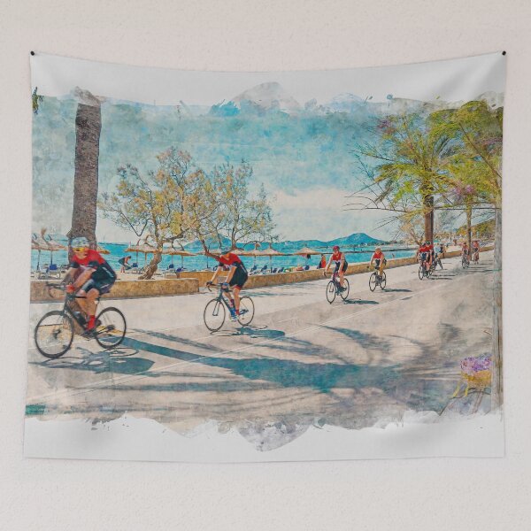 Item preview, Puerto Pollensa Mallorca Cyclists Watercolour Effect designed and sold by GG WALL ART.