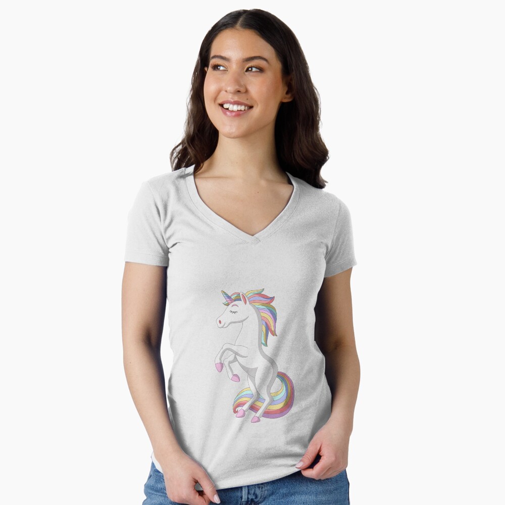 Standing Unicorn Fitted V-Neck T-Shirt - unicorn fantasy design by HackerLooks