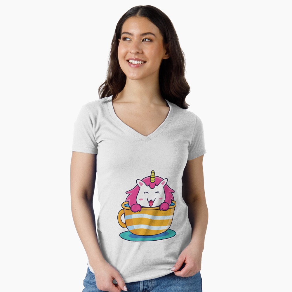 Unicorn in a Cup Fitted V-Neck T-Shirt - unicorn fantasy design by HackerLooks