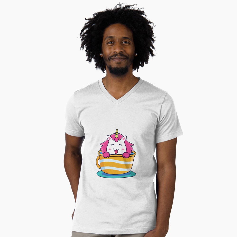 Unicorn in a Cup V-Neck T-Shirt - unicorn fantasy design by HackerLooks