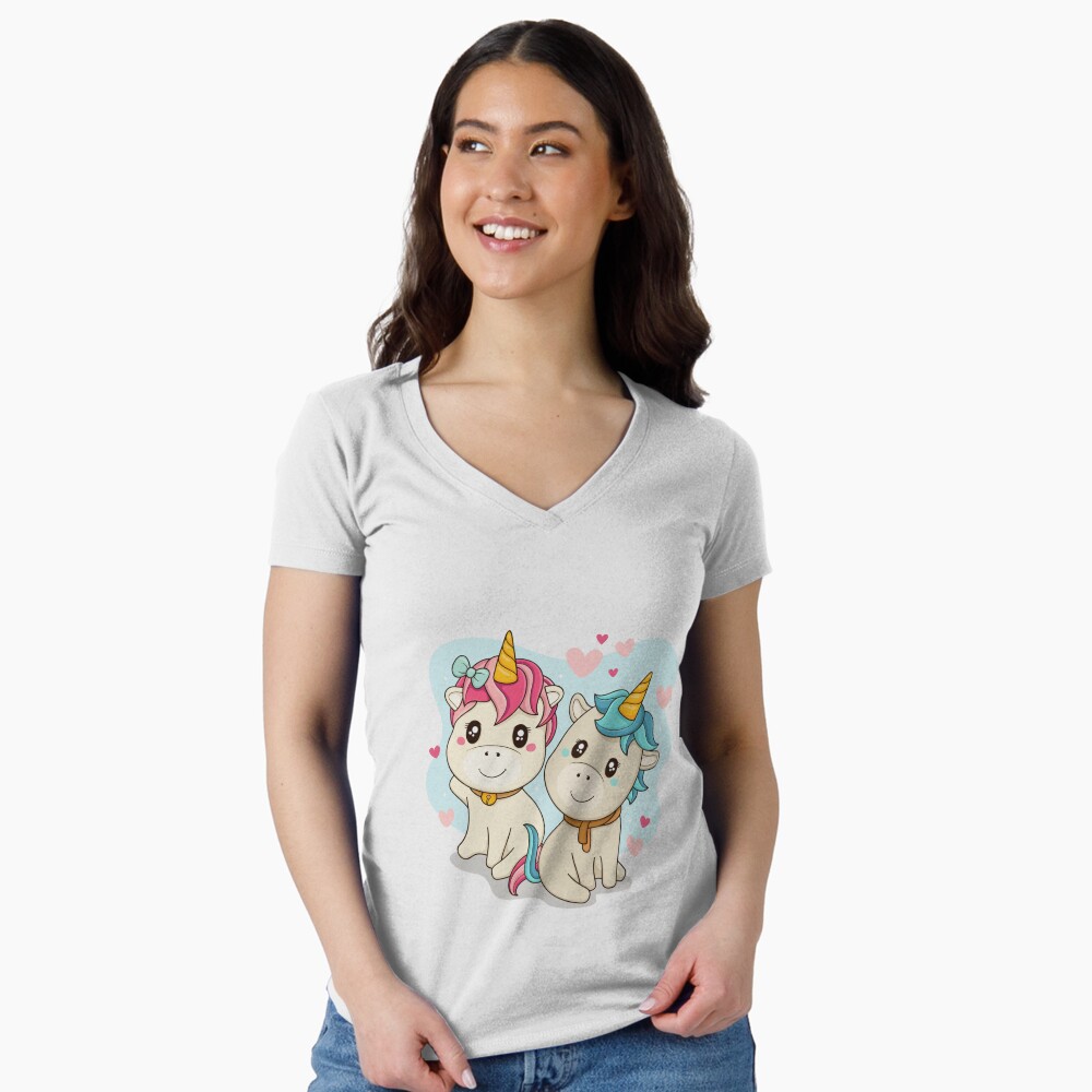 Unicorn Twin Fitted V-Neck T-Shirt - unicorn fantasy design by HackerLooks