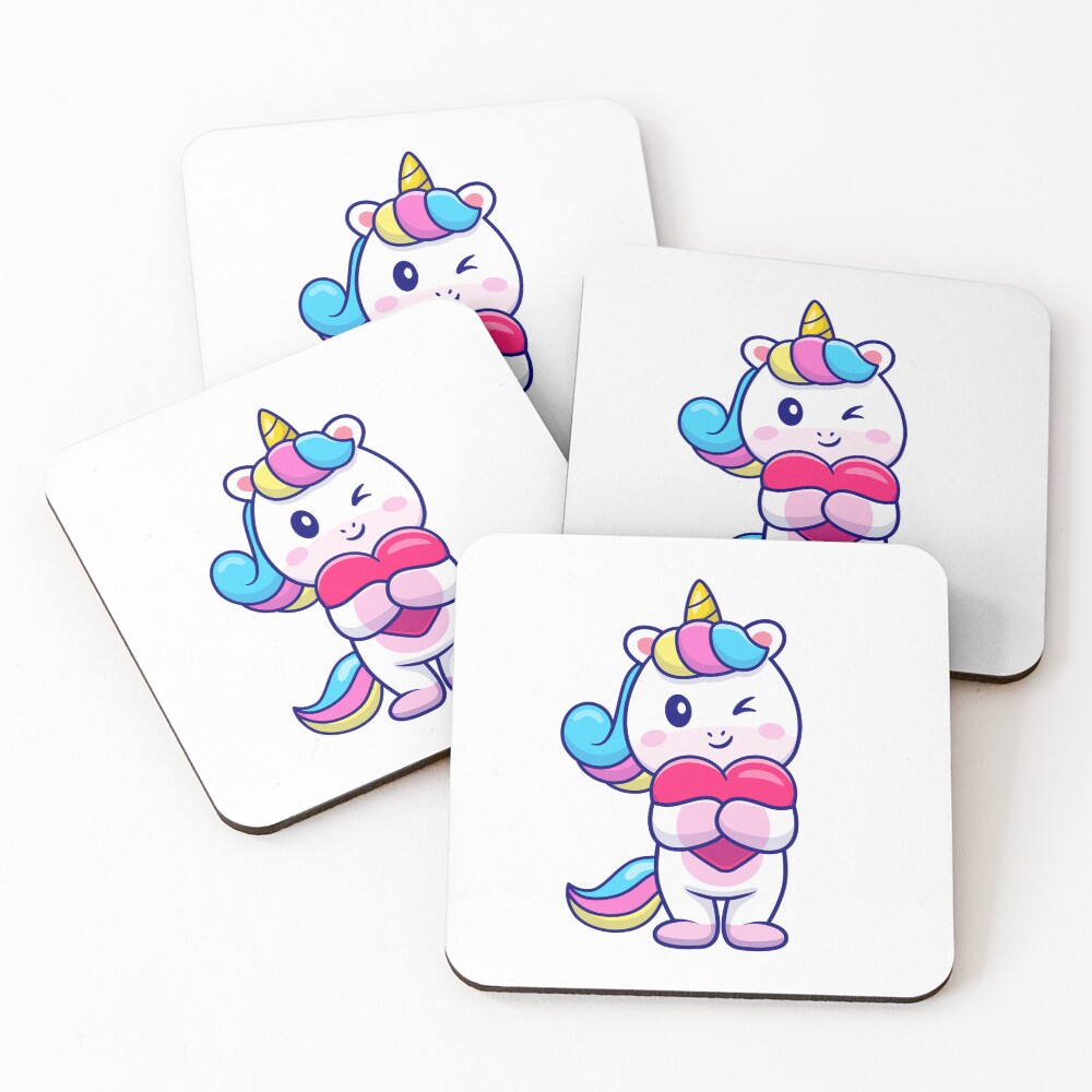 Cute Unicorn Holding a Heart Coasters (Set of 4) - unicorn fantasy design by HackerLooks