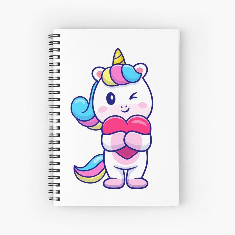 Cute Unicorn Holding a Heart Spiral Notebook - unicorn fantasy design by HackerLooks