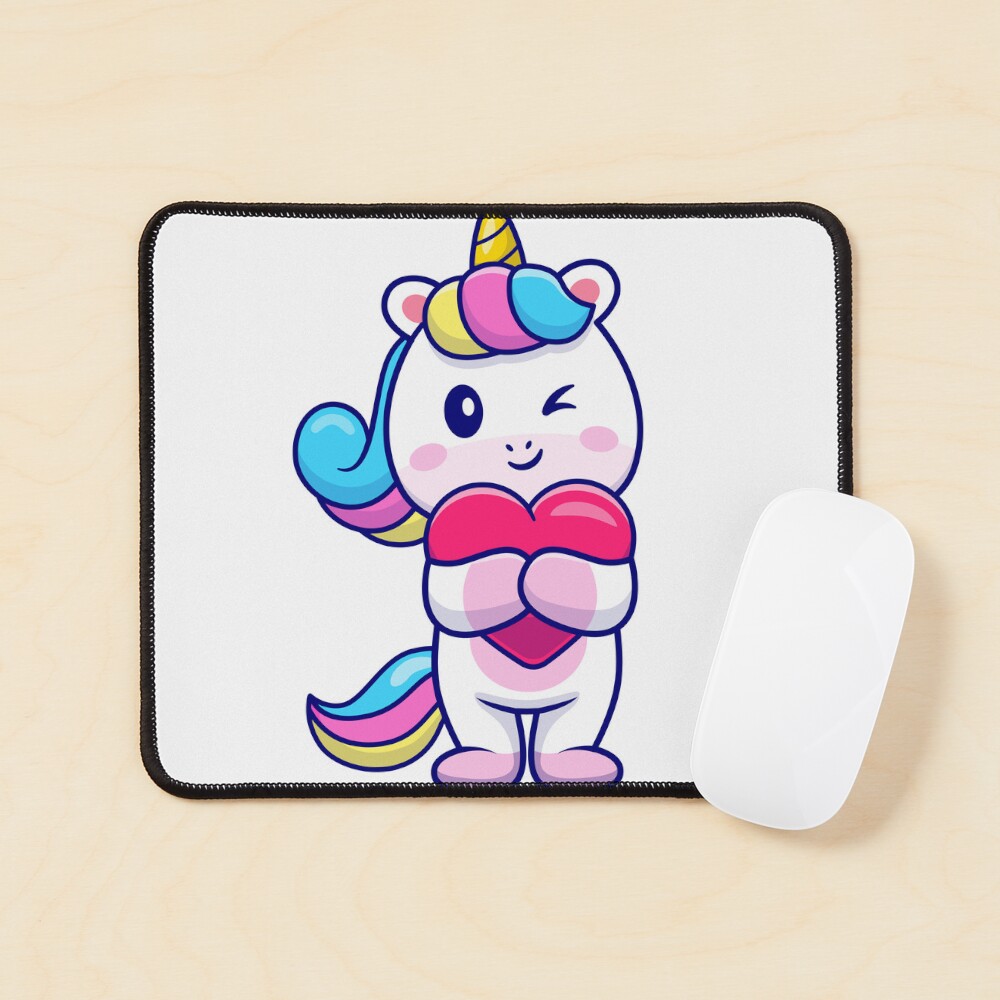 Cute Unicorn Holding a Heart Mouse Pad - unicorn fantasy design by HackerLooks
