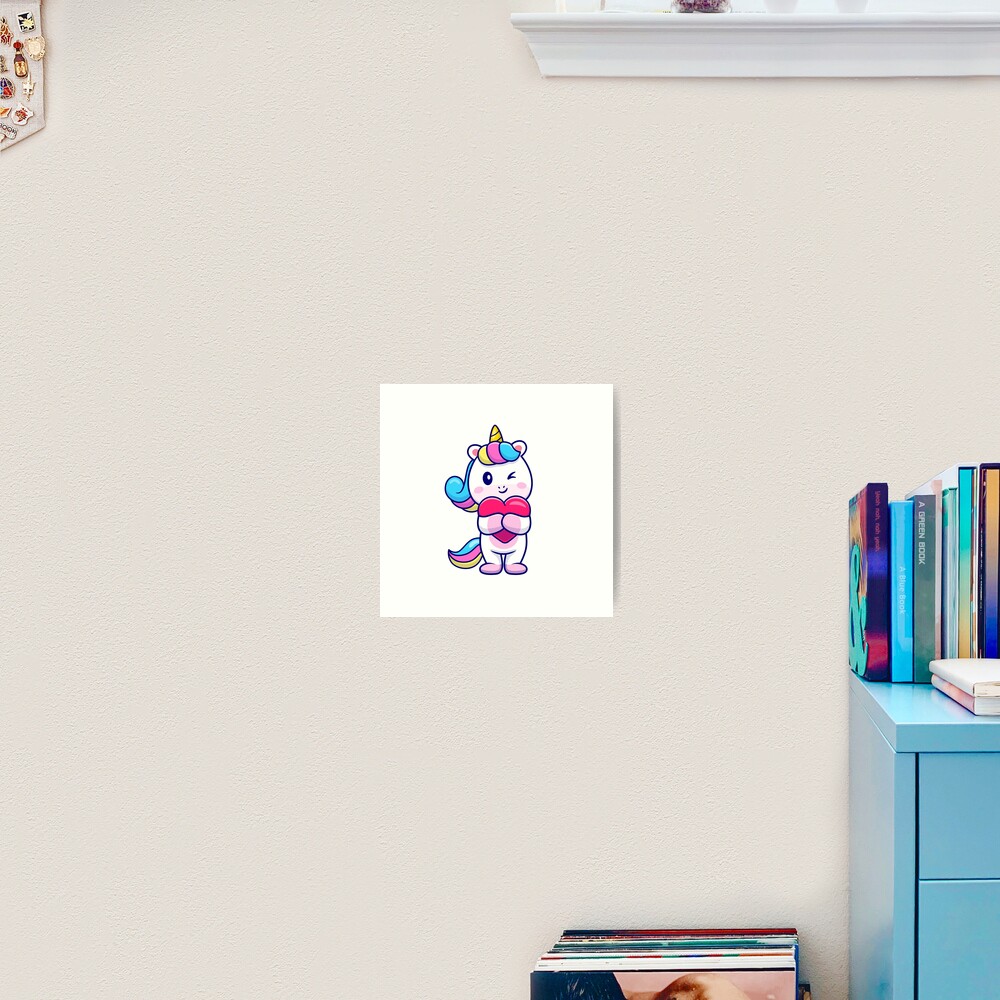 Cute Unicorn Holding a Heart Art Print - unicorn fantasy design by HackerLooks