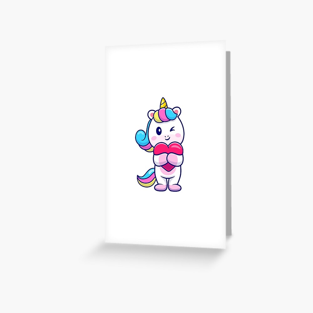 Cute Unicorn Holding a Heart Greeting Card - unicorn fantasy design by HackerLooks