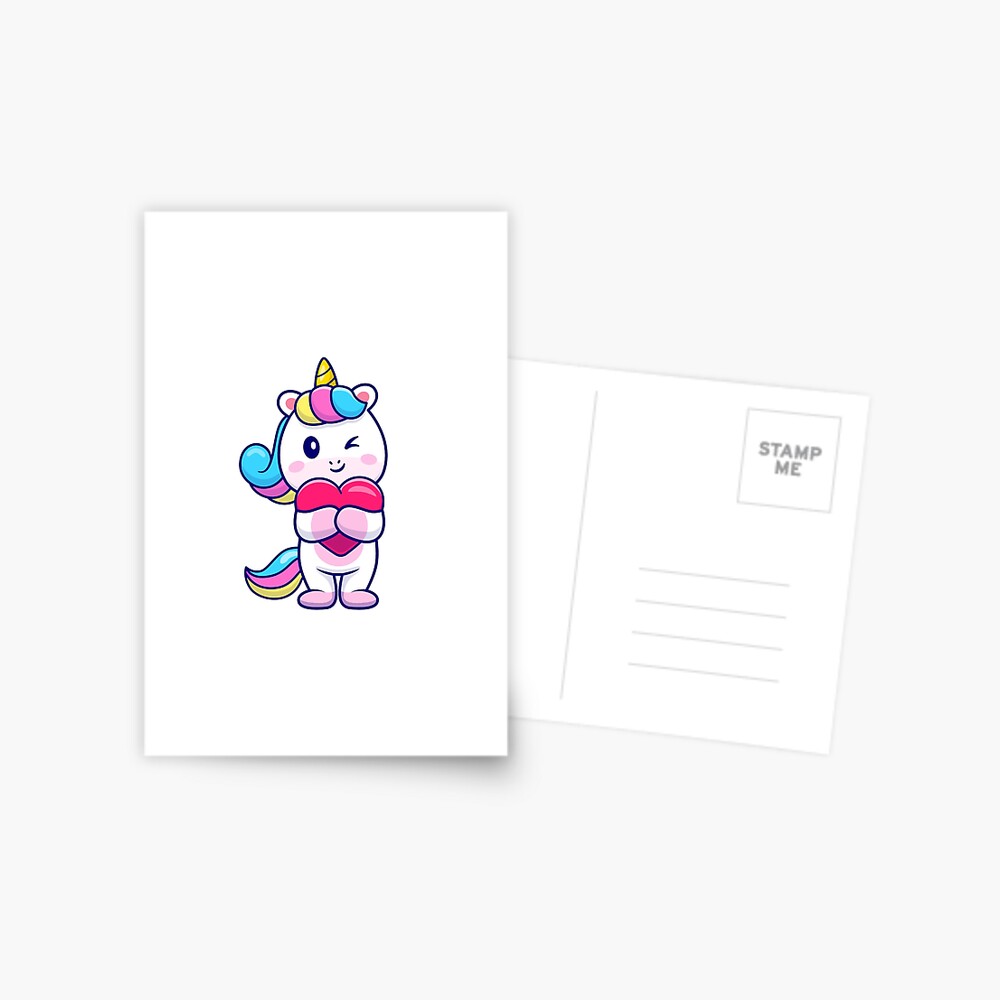Cute Unicorn Holding a Heart Postcard - unicorn fantasy design by HackerLooks
