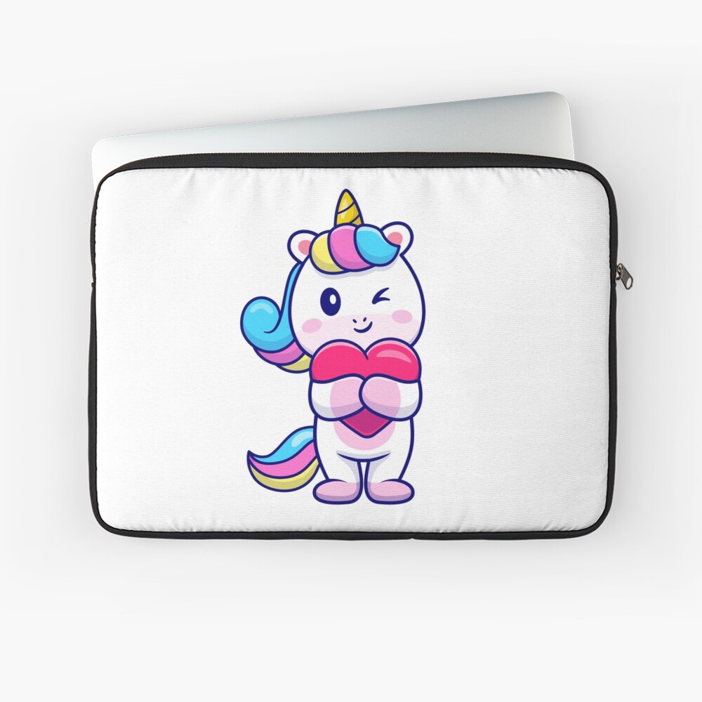 Cute Unicorn Holding a Heart Laptop Sleeve - unicorn fantasy design by HackerLooks