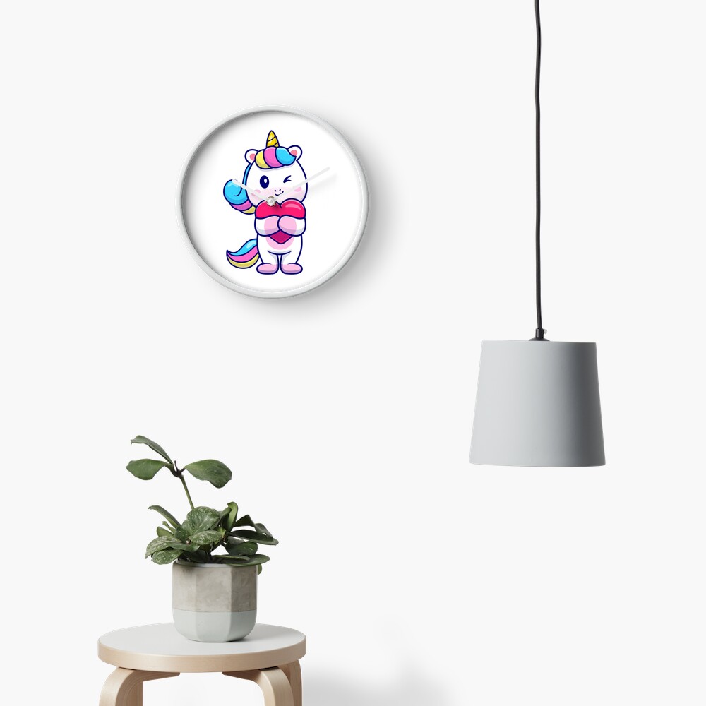 Cute Unicorn Holding a Heart Clock - unicorn fantasy design by HackerLooks