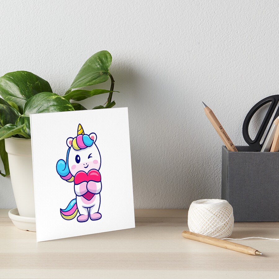Cute Unicorn Holding a Heart Art Board Print - unicorn fantasy design by HackerLooks