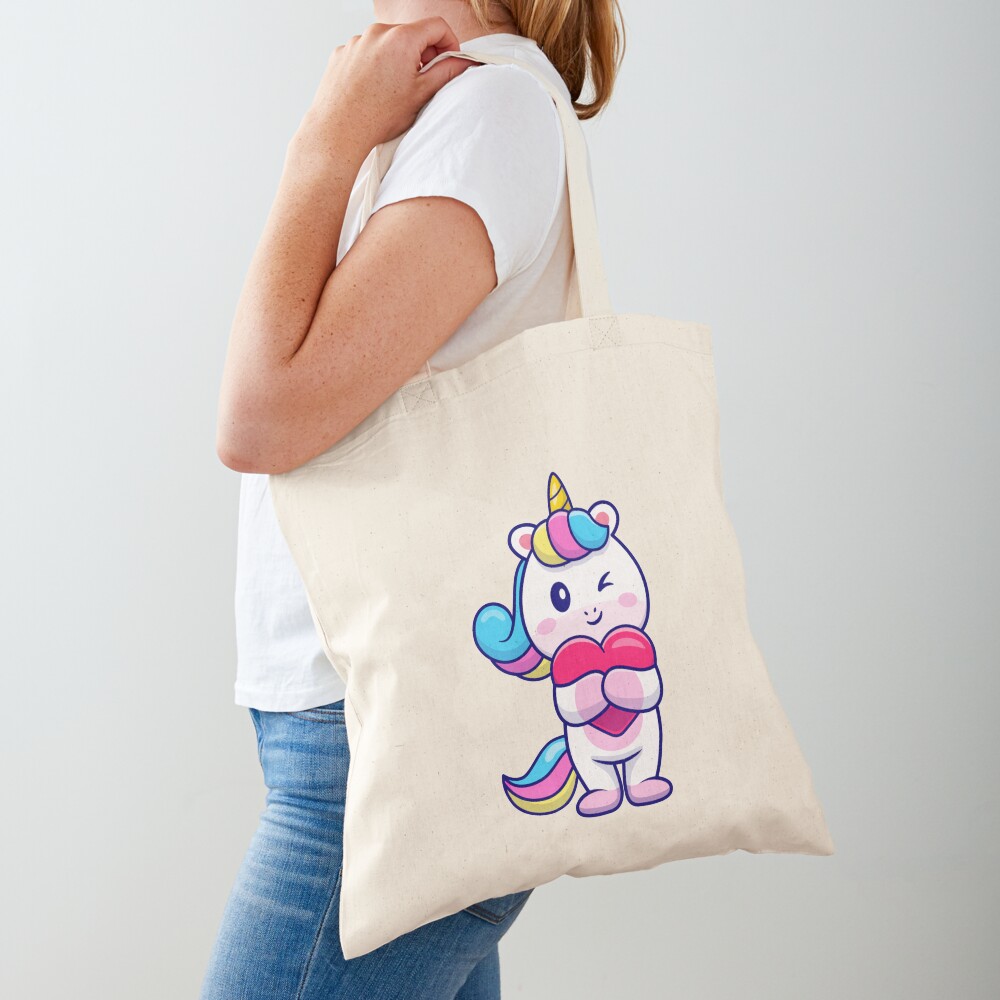 Cute Unicorn Holding a Heart Bags design by HackerLooks