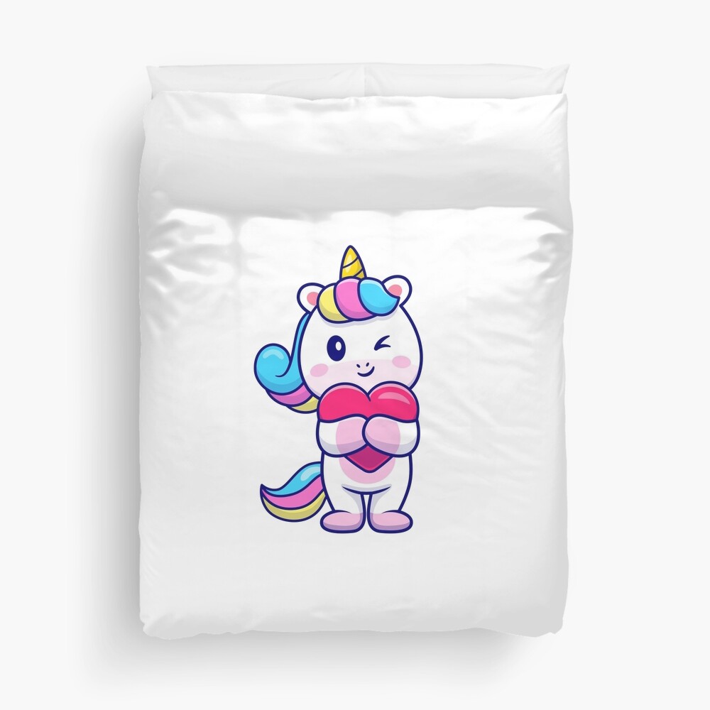 Cute Unicorn Holding a Heart Duvet Cover - unicorn fantasy design by HackerLooks