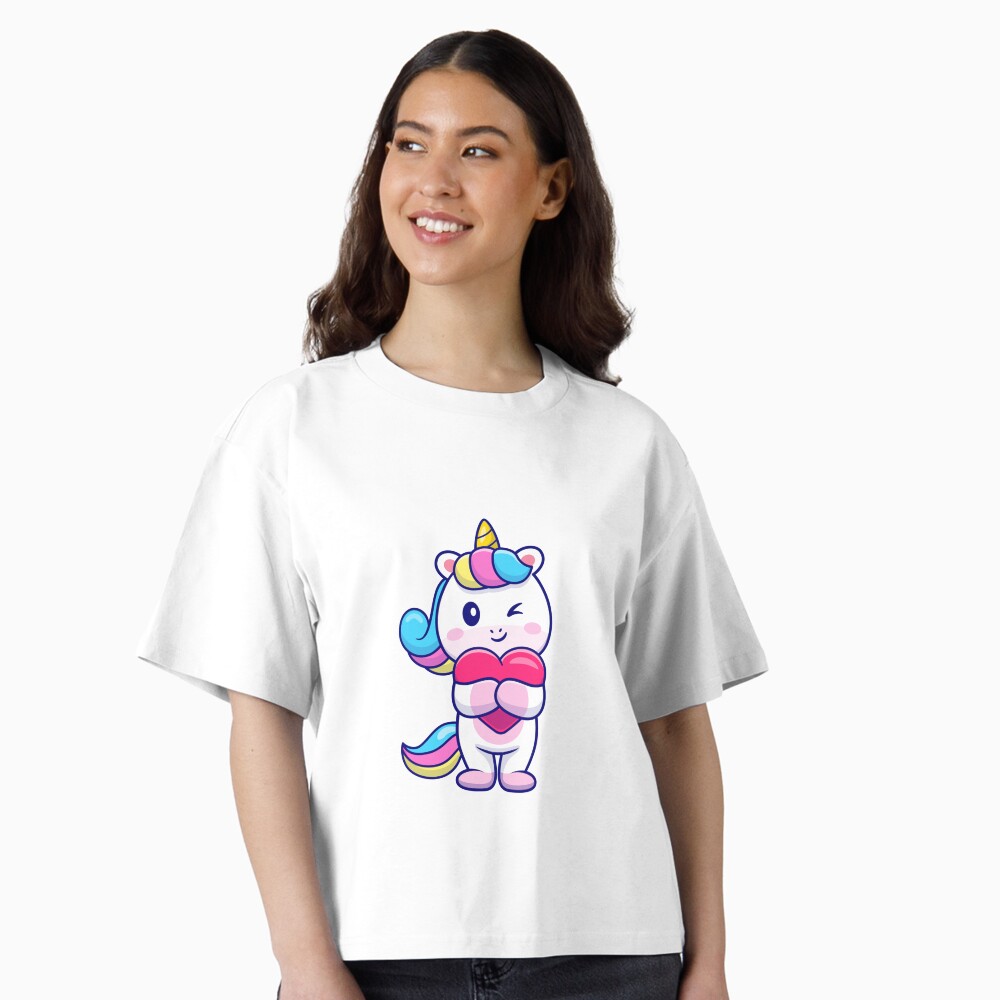 Cute Unicorn Holding a Heart Boxy T-Shirt - unicorn fantasy design by HackerLooks