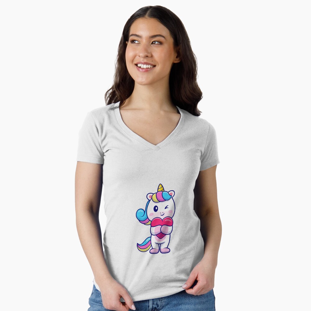Cute Unicorn Holding a Heart Fitted V-Neck T-Shirt - unicorn fantasy design by HackerLooks