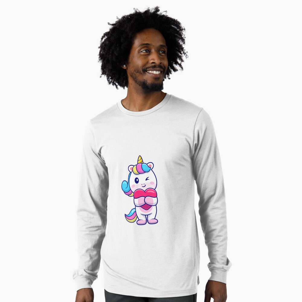 Cute Unicorn Holding a Heart Long Sleeve T-Shirt - unicorn fantasy design by HackerLooks